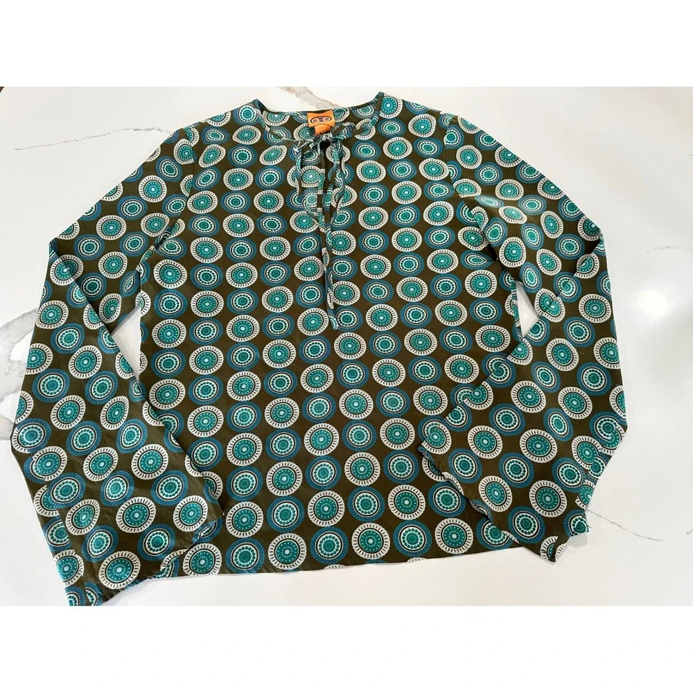 Tory Burch Silk Mandarin Collar Tie Neck Blouse‎ Geometric Print Size 6